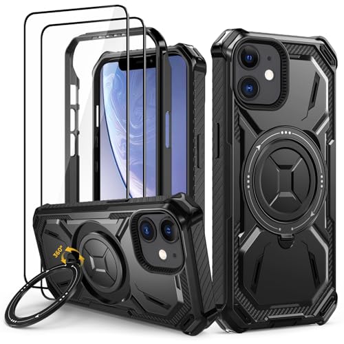 Lanhiem Handyhülle für iPhone 11 Hülle mit 2 Stück Panzerglas und 360 Ring Ständer Militärischer Stoßfest Schutzhülle für iPhone 11 Case Schwarz