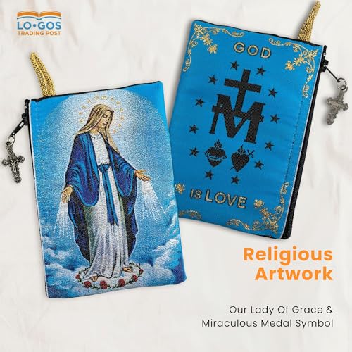 Image of Catholic Rosary Pouch, 4 inch x 6 inch Jewelry & Coin Purse with Cross, Small Woven Tapestry Icon Bag, Bolsa de Rosario Catolico para Joyeria, Our Lady of Grace & Miraculous Medal Symbol, 4 inch x 6 inch