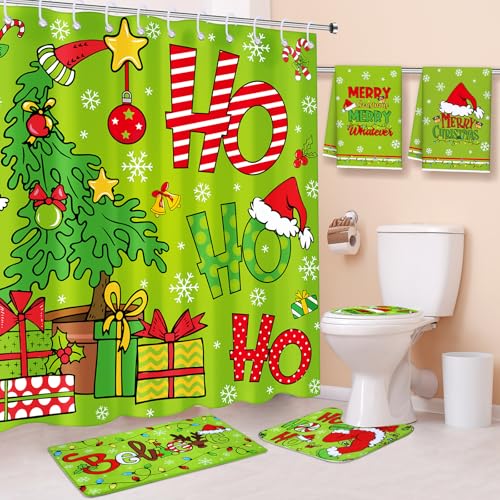 6 Pcs Christmas in July Shower Curtain Sets Christmas Bathroom Se...
