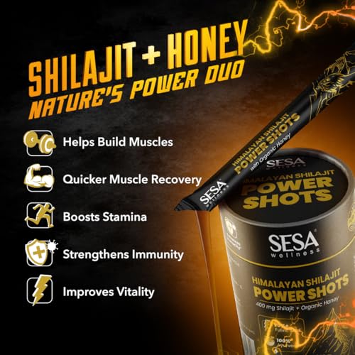 Image of Sesa Himalayan Shilajit Power Shots | 30 Sticks | 400mg Pure Shilajit with Organic Honey | Lab Certified, 70%+ Fulvic Acid | Boosts Energy, Stamina & Immunity | 100% Ayurvedic | No Sugar Adulteration & Additives