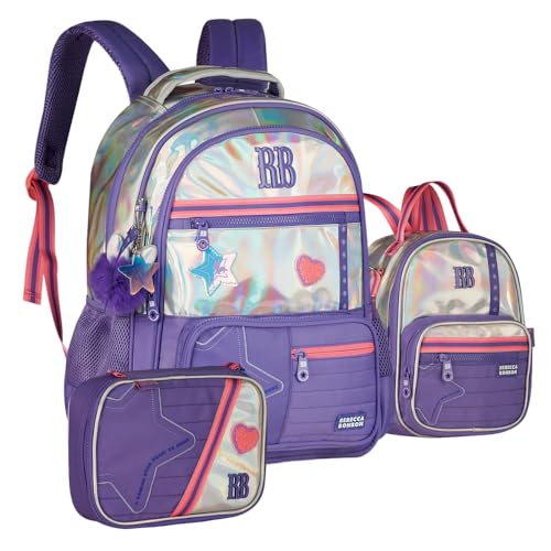 Kit Mochila Rebecca Bonbon Holográfica com Lancheira e Estojo Box Coleção 2026 (ROXO)