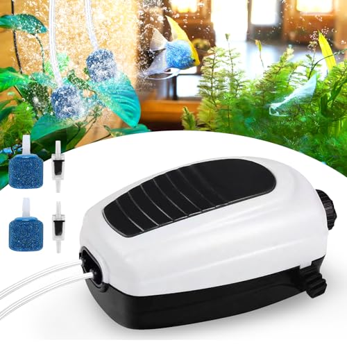 Bomba de aire para acuario, 3,5 W regulable, bomba de oxígeno silenciosa, 2 orificios de aire, bomba de aire para acuarios con piedras de aire y válvulas antirretorno, bomba de aire de oxígeno para