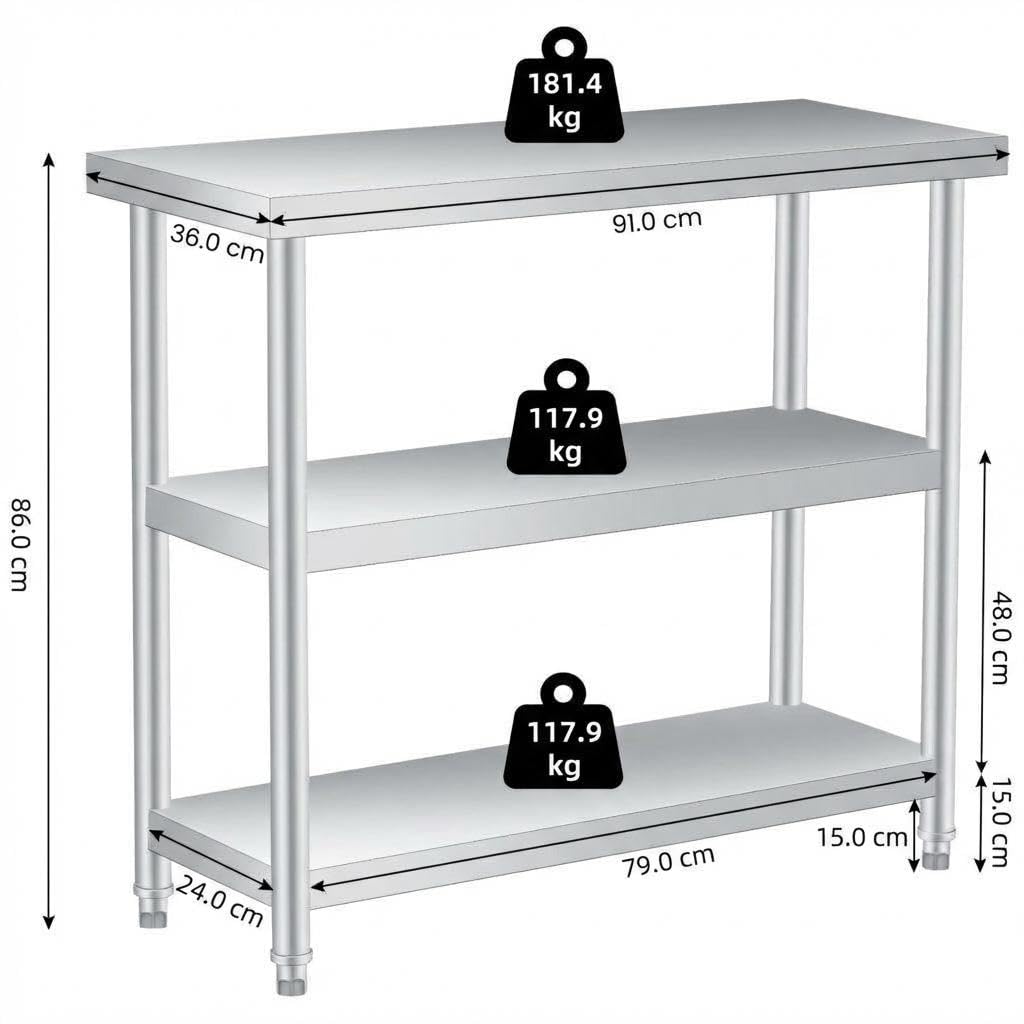 Garvee Arbeitstisch Edelstahl 91x 36 x 86 cm, 3 Ebenen Küchentisch Zubereitungstisch, 920 kg Tragkraft, Mit 4 Rädern, Edelstahltisch Für Gewerbliche Restaurants Outdoor Küche