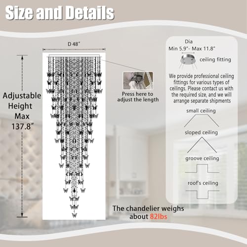 Image of ykolupty H138 High Ceiling Chandelier - Modern Crystal Lighting - Raindrop Large Chandelier for Staircase Foyer Entryway Living Room - Dimmable 3000-6000K