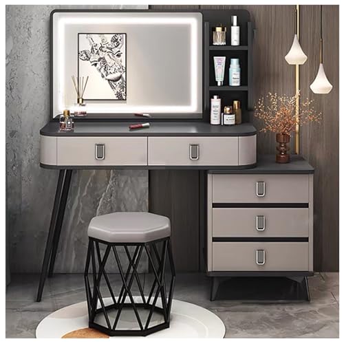 Escritorio LED con espejo, mesa de maquillaje con 5 cajones y 3 estantes, juego de tocador blanco con silla para dormitorio, 80 cm (gris 100 cm), elegante solución de almacenamiento