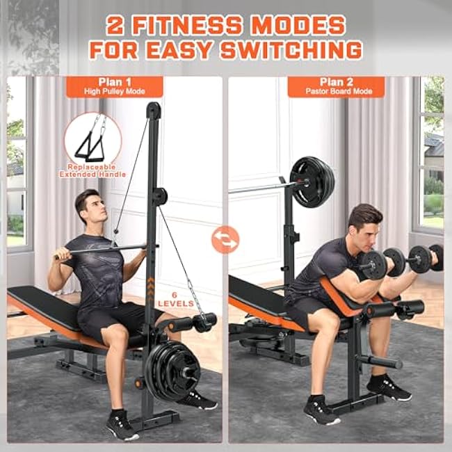 Fostoy 800lbs 8-in-1 Adjustable Weight Bench¨CHome Gym Multi-Function Trainer with Lat Pulldown, Leg Extension/Curl, Barbell Press & Preacher Curl Pad, Adjustable Seat for Full-Body Strength Training