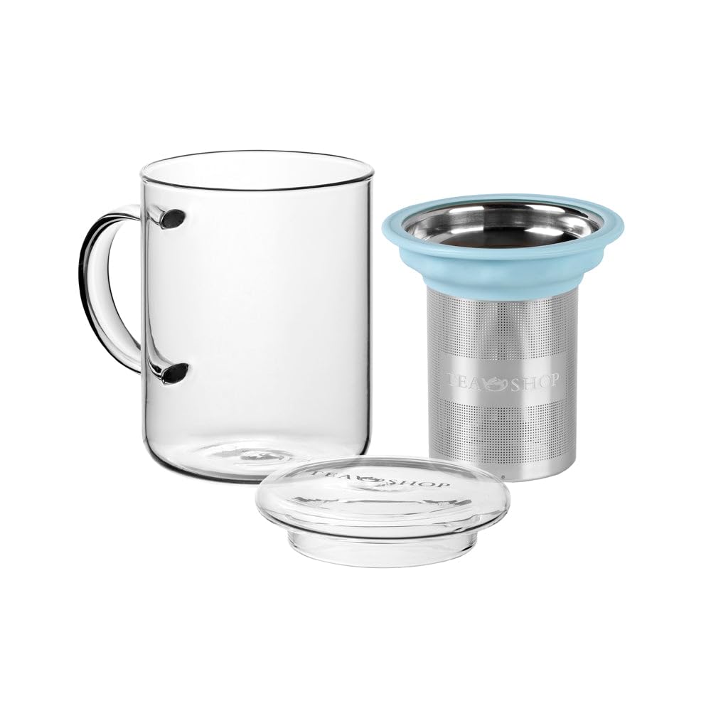 TEA SHOP - Taza de Té o Infusiones Taza de cristal para té o infusiones con filtro y tapa - Taza All in One Sky - Termorresistente con Infusor de Acero Inoxidable y Asa - Termorresistente