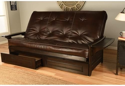 Somette Phoenix Queen-Size Storage Futon Set in Espresso Finish with Faux Leather Mattress Oregon Trail Java