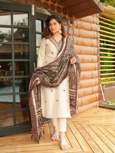 Image of GoSriKi Kurta Set Women Viscose Embroidered | Kurti Set Woman | Kurta Pant Dupatta 3 Piece Outfit | V Neck 3 /4 Sleeve Regular Fit Ethnic Wear Ladies Dress Stylish Traditional Clothing