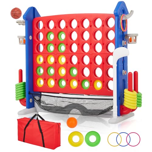PeakPursuit Giant 4-in-a-Row Game Set for Kids & Adults Backyard Outdoor Family Game with Adjustable Height Golf Basketball Ring Toss 42 Jumbo Rings Easy Set Up Carry Bag