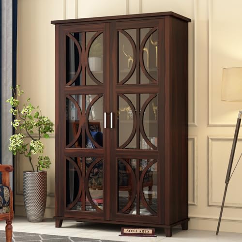 Image of Wooden Crockery Cabinets with Glass Door | Wooden Showcase Almirah | Solid Wood Book Shelf for Home Crockery Unit for Kitchen Living Room (Walnut Finish)