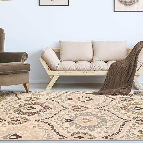 Superior Indoor Runner Rug, Jute Backed, Modern Oriental Floral Damask Floor Decor For Office, Living Room, Bedroom, Entryway, Nursery Hardwood, Tile, Augusta Collection - 8Ft X 10Ft , Multi-Colored #TOP4