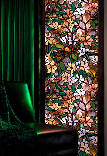 Image of ELTON 3D Window Privacy Self Adhesive Decorative Vinyl Film for Bathroom Door Window Heat Control Anti UV (Green Flower, 24 x 36 inches)