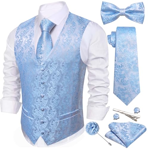 Image of Barry.Wang Men's Suit Vest Tie Bowtie Set Formal Silk Paisley Waistcoat Hanky Cufflinks Lapel Pin Set Wedding Party 7PCS