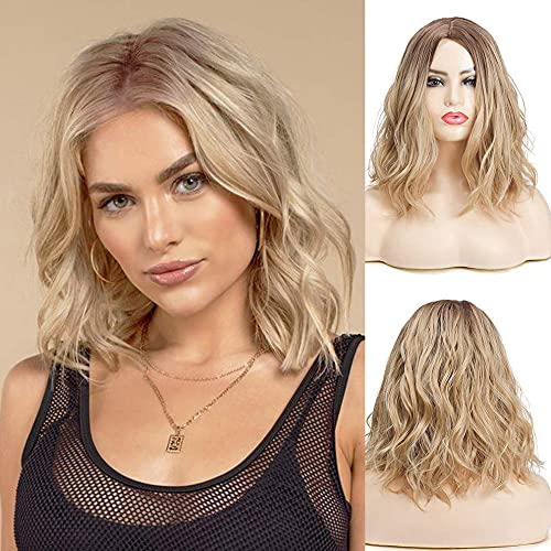 Beweig Short Ombre Blonde Wig Shoulder Length Wavy Bob Wig for Women Synthetic Middle Part Dark Root Natural Heat Resistance Wig for Daily Party Use