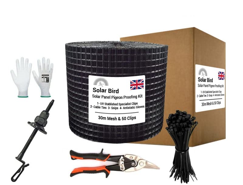 SOLAR BIRD Pigeon Proofing Mesh Clip Kit Bird Deterrent Nesting solar Panels (Black PVC 30m + 50 Trade quality clips)