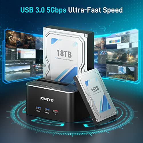 Fideco Usb 3.0 To Sata Dual Bay External Hard Drive Docking Station For 2.5/3.5 Inch Hdd Ssd With Hard Drive Duplicator/Offline Clone Function/2 Usb 3.0 Ports/1 Usb Fast Charge Port, Support 16Tb #TOP2
