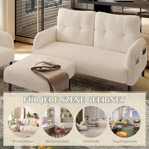 WEALTHOUSE Modulares Cord Sofa Set aus Zweisitzer,Sessel und Hocker mit ergonomischer Rückenlehne,Seitentasche und stabilem Metall‑Holz‑Gestell – für Wohnzimmer & kleine Apartments (Beige,3er-Set) – Bild 7