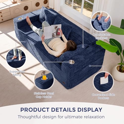Image of MAXYOYO 79 inch Oversized Boneless Loveseat Sofa Couch for Small Spaces, Mini Love Seat Floor Couch with Cup Holders and Pillows, 3-Seater Upholstered Cloud Couch for Bedroom, No Assembly Required