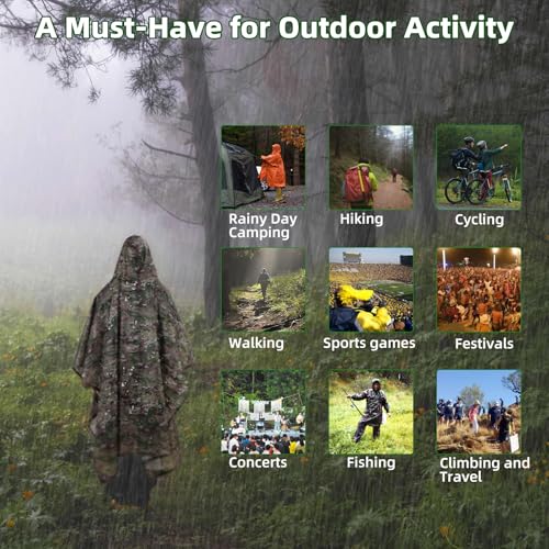 Image of PELLOR Hooded Military Rain Poncho for Adults with Pocket, Waterproof Lightweight and Extra Long, Unisex Raincoat for Hiking Riding, Camping Emergency, Outdoor Rain Cover Reusable