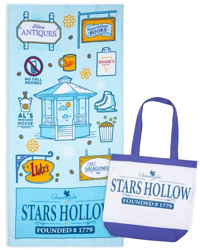 jay franco gilmore girls beach tote bag and towel set - canvas shoulder handbag measures 16 x 14 inches double straps with super soft and absorbent 28 x 58 inch beach towel