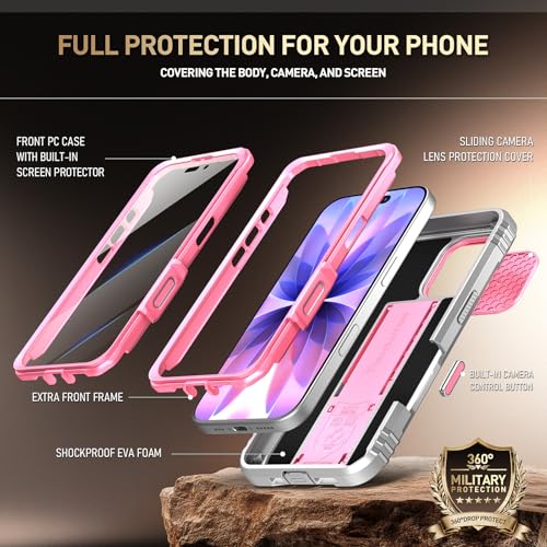 Image of Poetic for iPhone 17 Case with Camera Control Capture Button, [Slide Camera Cover] [Built-in Stand] [Built-in Screen Protector] Full-Body Military Grade Rugged Phone Case for iPhone 17, Pink