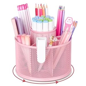 POPRUN Pink Supplies and Accessories for Desk,Cute Pen/Pencil Holder,Spinning Pen/Pencil Organizer,Rotating Pen Desk Organizer Caddy for Office,School Classroom and Art Supply for Girls