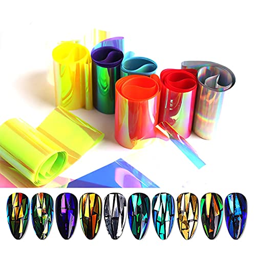 Jerclity 10 Rolls Gradient Aurora Glass Paper Nail Art Sticker 3D Holographic Aurora Glass Reflective Mirror Shard Effect Rainbow Thin Iridescent Cellophane Films Foils Nail Art Decor #TOP6