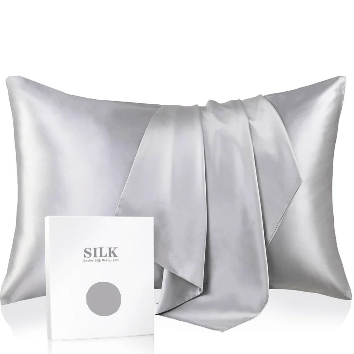 Silk Pillow Cases 2 Pack, Charmeuse Pillowcase for Hair and Skin with Hidden Zipper, Soft Breathable Smooth Cooling Pillowcase for Sleeping Women (Gray, Stanadard Pillow Cases)