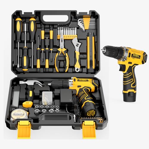 Sundpey Caja Herramientas 166 Piezas con Taladro Atornillador Inalámbrico 12V, Juego Herramientas Eléctricas y Manuales con Batería y Cargador, Estuche Portátil para Reparaciones Hogar, Bricolaje