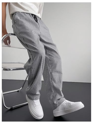 GORGLITTER Men's Gingham Plaid Track Pants Baggy Wide Leg Drawstring Slacks Trousers with Pockets2