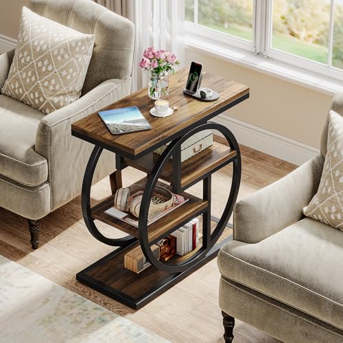 Image of Tribesigns End Table Set of 2, 4-Tier Narrow Side Table with Storage Shelves, Wood Small Sofa Side Table with Geometric Metal Frame, Industrial Bedside Table for Bedroom, Living Room, Rustic Brown