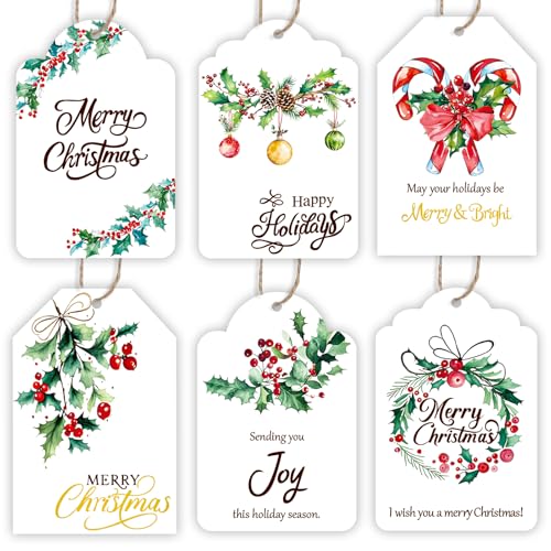 DERAYEE Merry Christmas Paper Gift Tags with Rope 60PCS Watercolor Christmas Holly Berry Gift Tags Seasonal Hanging Labels for Xmas Presents Decoration Christmas Party DIY Gift Wrapping (6 Design)