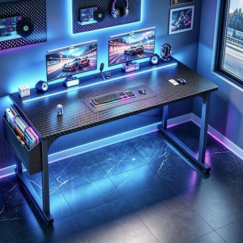 Image of DurayLoly 55 inch Carbon Fiber Gaming Desk, IP65 RGB LED Computer Desk with Side Storage Bag & Headphone Hook, Sturdy Metal Frame Space Saving Home Office Desk for Teens Bedroom Dorm Study Gaming Room