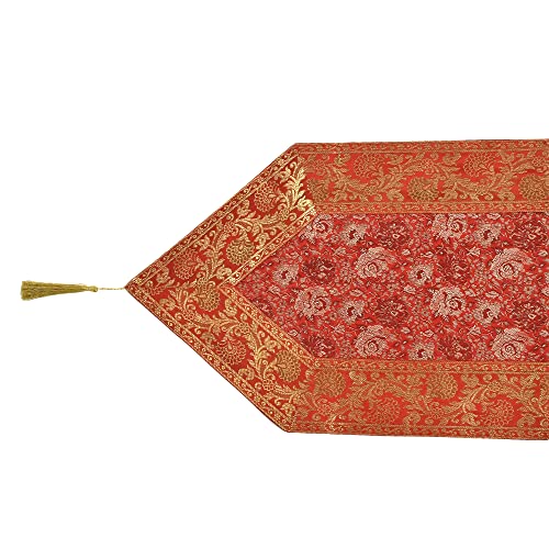 Image of E-EZRA Room Decor Banarasi Silk Handmade Flower V Shape Table Runner Dinning & Centre Table Long Runner Bed Runner Gold Tassels End Size 14 X 80 inches (Red)