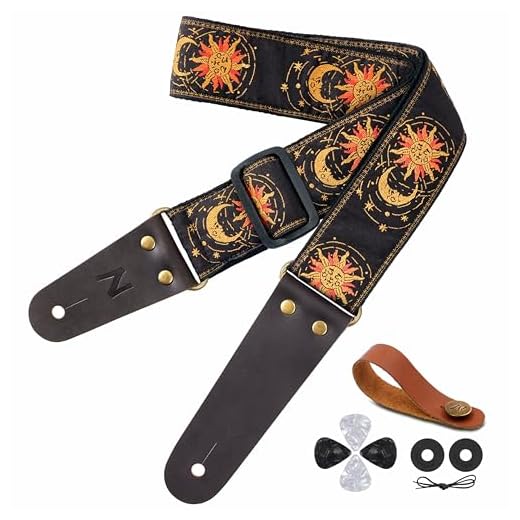 Nefelibata - Correa de guitarra con bordado de sol y luna, con extremos de piel vacuno para bajo, guitarras eléctricas y acústicas, botón de correa última intervensión, 1 par de cerraduras de correa y