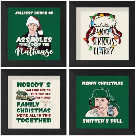 Christmas Vacation Decorations, Funny Holiday Wood Signs for Home Table Bathroom Decor, 4 pack Christmas Vacation Art Prints with Wooden Frames, Xmas Tiered Tray Decor Party Supplies, 4x4 inch
