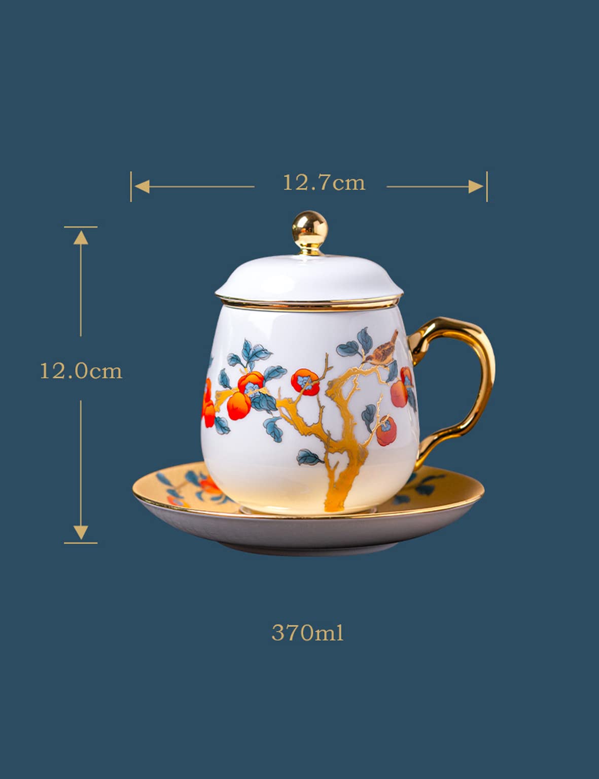Moonetto Portable Chinese Ceramic Porcelain Tea Cup with Infuser Lid and Saucer Set - Chinese Jingdezhen Ceramics Coffee Mug Teacup Loose Leaf Tea Brewing System (Yellow)
