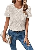 SweatyRocks Women's Eyelet Embroidery Short Sleeve Tops Shirts Solid Crewneck Retro Plain Casual Holiday T-Shirts Apricot XL