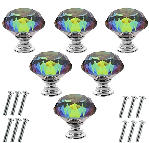 Akstore 6 Pcs Crystal Glass Cabinet Knobs 30mm Diamond Shape Drawer Kitchen Cabinets Dresser Cupboard Wardrobe Pulls Handles (30mm, Colorful)