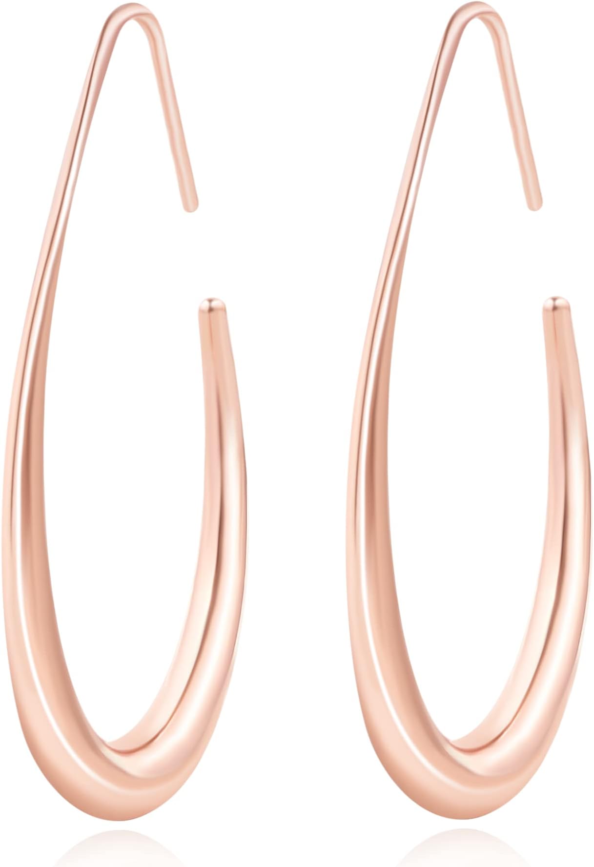 Lightweight Teardrop Hoop Earrings for Women - 14k Gold/White Gold Plated Large Oval Pull Through Hoop Earrings High Polished Statement Jewelry Gift for Women