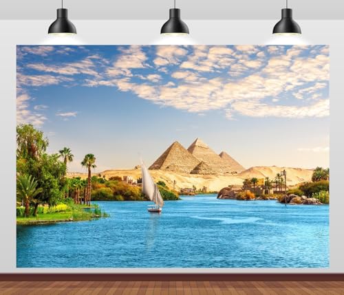 BELECO 7x5ft Fabric Egypt River Nile Backdrop Famous Nile Sailboat, Aswan City, Pypamids of Egypt Background for Africa Egyptian Party Decorations Photo Shoot Studio Props