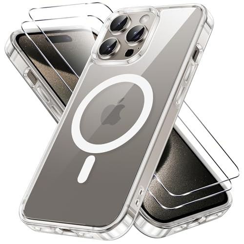 Xiltlly Funda Magnética para iPhone 15 Pro con 2 Cristal Templado, Compatible con MagSafe, Carcasa Antigolpes Anti-Arañazos, TPU Bumper Case para iPhone 15 Pro, Transparente