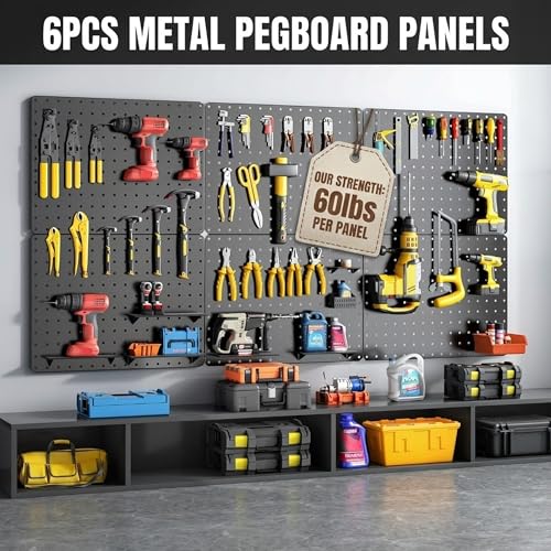 Image of Peg Board, 112PCS Heavy Duty Metal Pegboard with Hooks, 6 Pack Black Peg Board Panels, 60lbs Load Capacity Each, Pegboard Wall Organizer for Garage, Workshop, Kitchen, Craft Rooms
