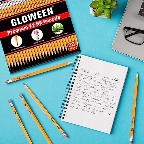 Gloween Wood-Cased #2 HB Pencils Bulk, 50 Pack Pre-Sharpened Yellow Pencils for Office School Supplies - Thumbnail 2