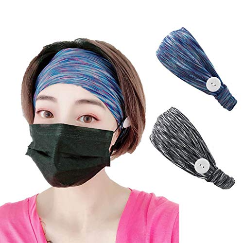 Evazen Yoga Button Headbands Black Blue Sweat Running Hair Bands Headband Headpiece Non Slip Protect Ear Sports Head Wraps Hair Accessories for Women and Nurses (Pack of 2) (Black)