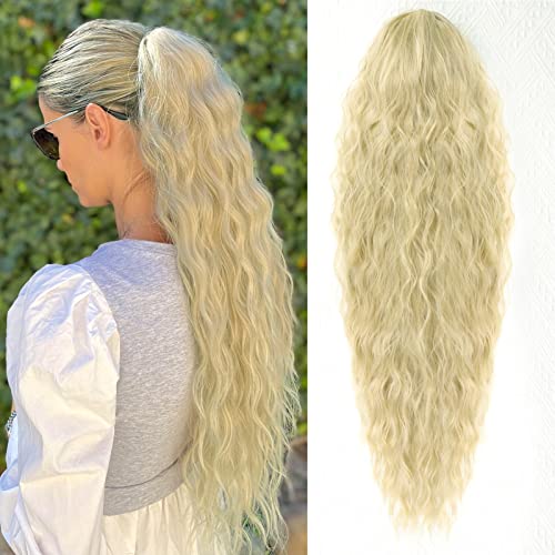 Rosooi 26 Inch Long Pale Blonde Drawstring Ponytail Extension for Women Synthetic Long Curly Wavy Clip in Ponytail Hair Extensions for Daily Party Use (26Inch, Pale Blonde)