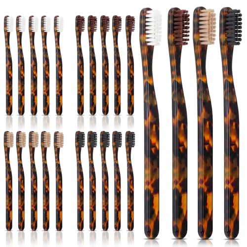 Singhoow 24 Pack Tortoise Shell Toothbrushes Soft Bristles Manual Toothbrushes for Adults with Cellulose Acetate Handle Leopard Print Aesthetic Design Tooth Brushes Bulk Travel Home Set
