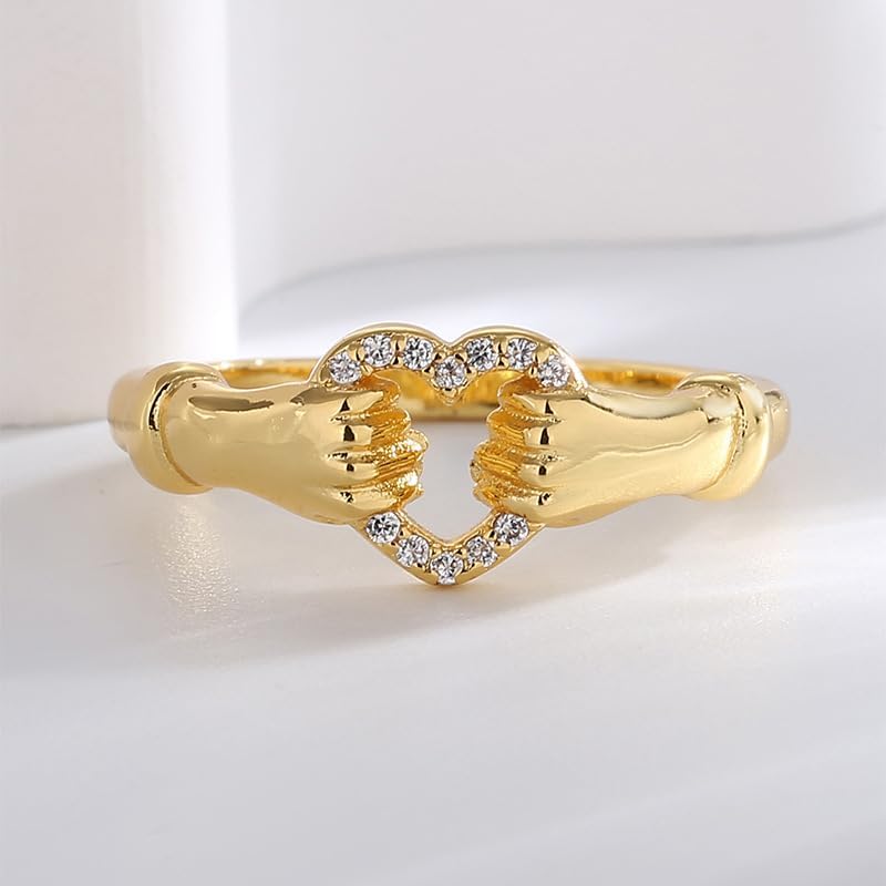 18k Gold Zircon Heart-Shaped Geometric Diamond Set Multi Crystal Ring, Minimalist Retro Ring, Fashionable and Niche Design Sense, Holding Heart Ring Jewelry-Making-Patterns Size 7