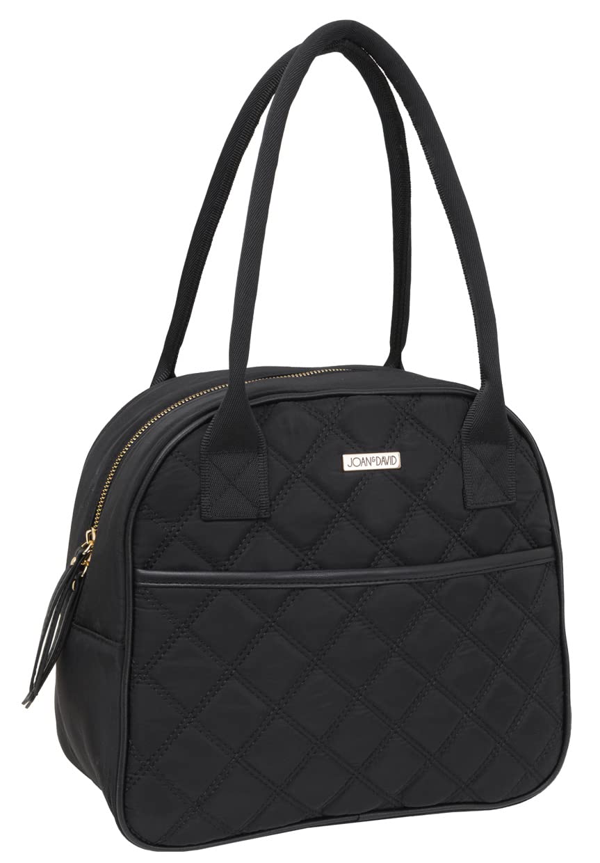 Joan & David Quilted Nylon Insulated Reusable Lunch Box Tote Bag with 12oz Water Bottle for School Work Travel (Black)